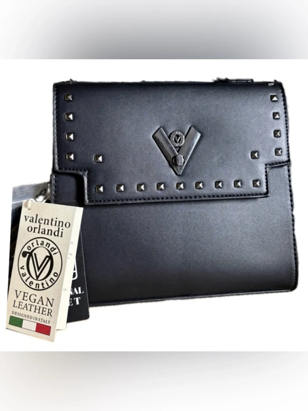 NWT Valentino Orlandi Black Vegan Leather Studded Satchel w/matching Wallet